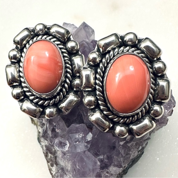 Vintage Jewelry - Pink Coral Vintage Oval Cabochon Solid Sterling Silver Post Earrings